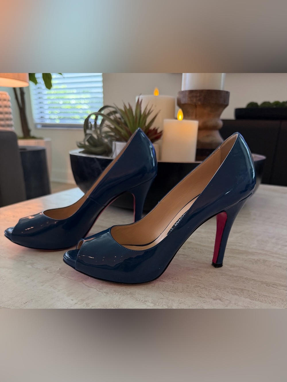 Patent Navy Peep-Toe High Heel Pumps